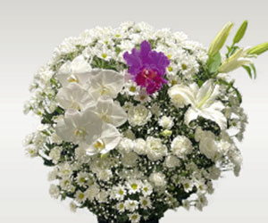 白い花に胡蝶蘭・ユリ・紫の花を加えた葬儀用の洋花アレンジメント