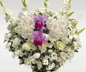 白い花に胡蝶蘭・ユリ・紫の花を加えた葬儀用の豪華な洋花アレンジメント